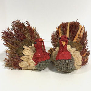 Vintage 2 Turkeys Harvest Straw Wood Centerpiece Decor Folk Art Handmade Natural